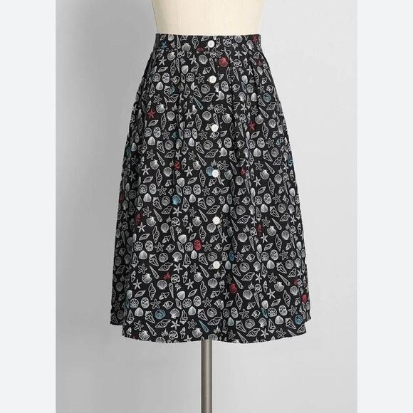 NWT ModCloth Always Turning Heads A-Line Swing Linen Skirt Black Seashells Sz 14 - Picture 1 of 9
